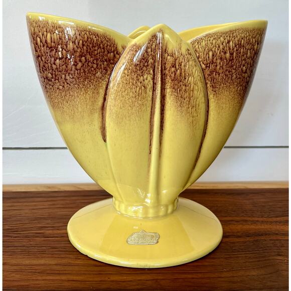 Royal Haeger Glazed Ceramic Yellow Brown Tulip Vase Ceramic Blended Beaded Base - Picture 6 of 13